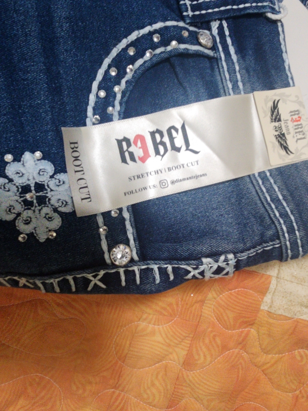 rebels Dark Blue Embellished Stretch Boot Cut Jeans